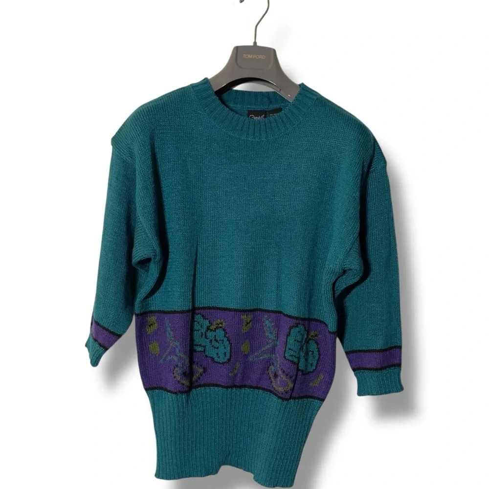 Vtg Catalina Teal Multi Geometric Abstract Knit Pullover Sweater Color Block 80s